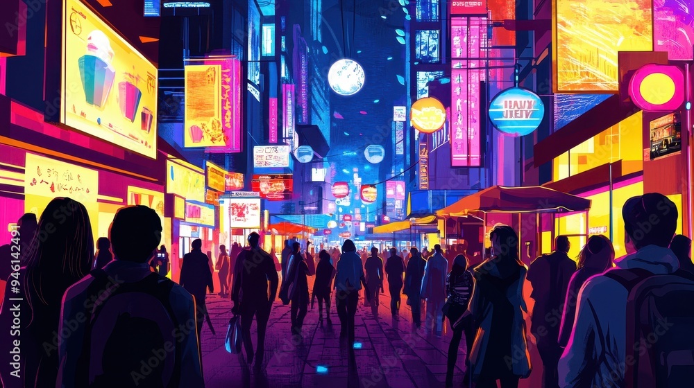 A group of tourists is walking through a bustling urban street filled with neon lights, enjoying the lively nightlife atmosphere A group of tourists is walking through a bustling urban street filled with neon lights, enjoying the lively nightlife atmosphere