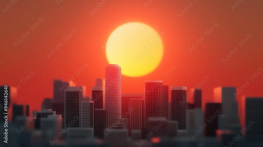Fototapeta premium City skyline with extreme heatwave, urban heat island, 3D illustration