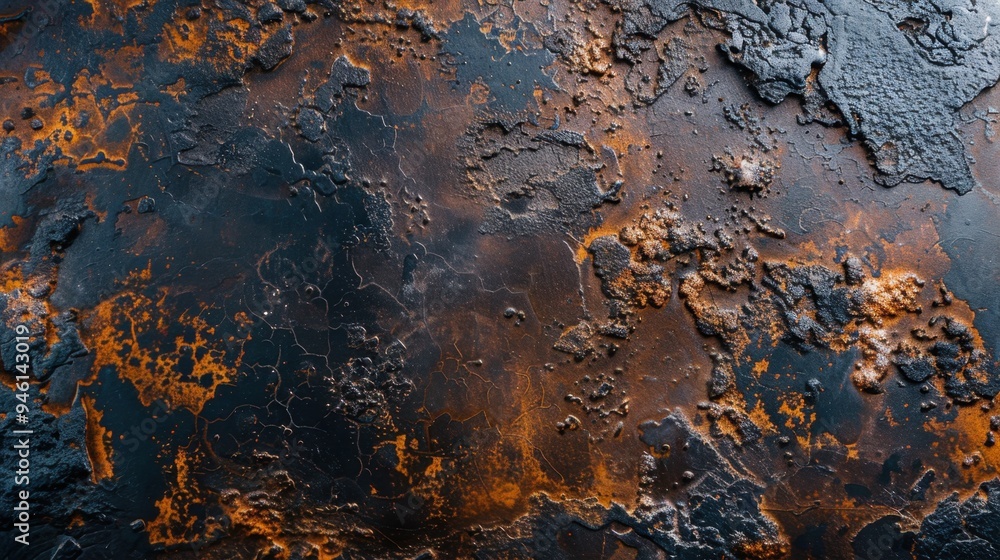 Flat lay of an oxidized iron surface with layers of rust and patina, creating a rugged, industrial feel Flat lay of an oxidized iron surface with layers of rust and patina, creating a rugged, industrial feel