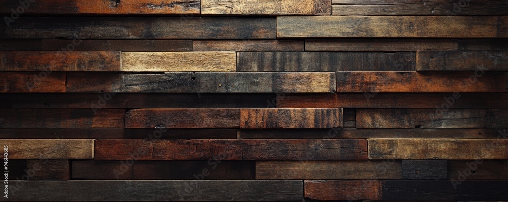 Naklejka premium A close-up of a wooden wall, showing the various grains and colors of the wood.