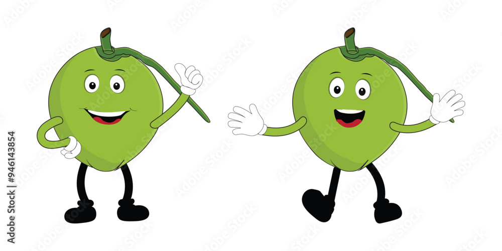 Set of green coconut fruit cartoon character, Mascot poses with smile expression Isolated Vector Illustration Set of green coconut fruit cartoon character, Mascot poses with smile expression Isolated Vector Illustration