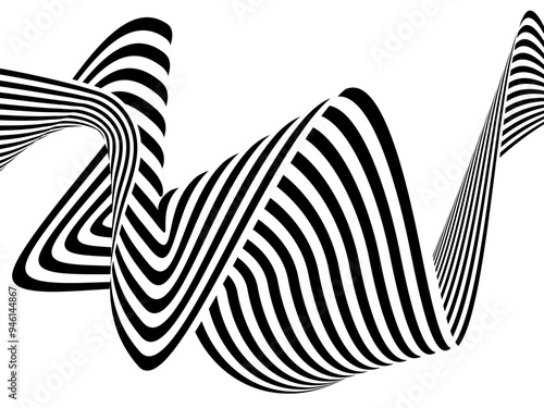 Black on white abstract perspective line wave stripes with 3d dimensional effect isolated on white. Eps 10