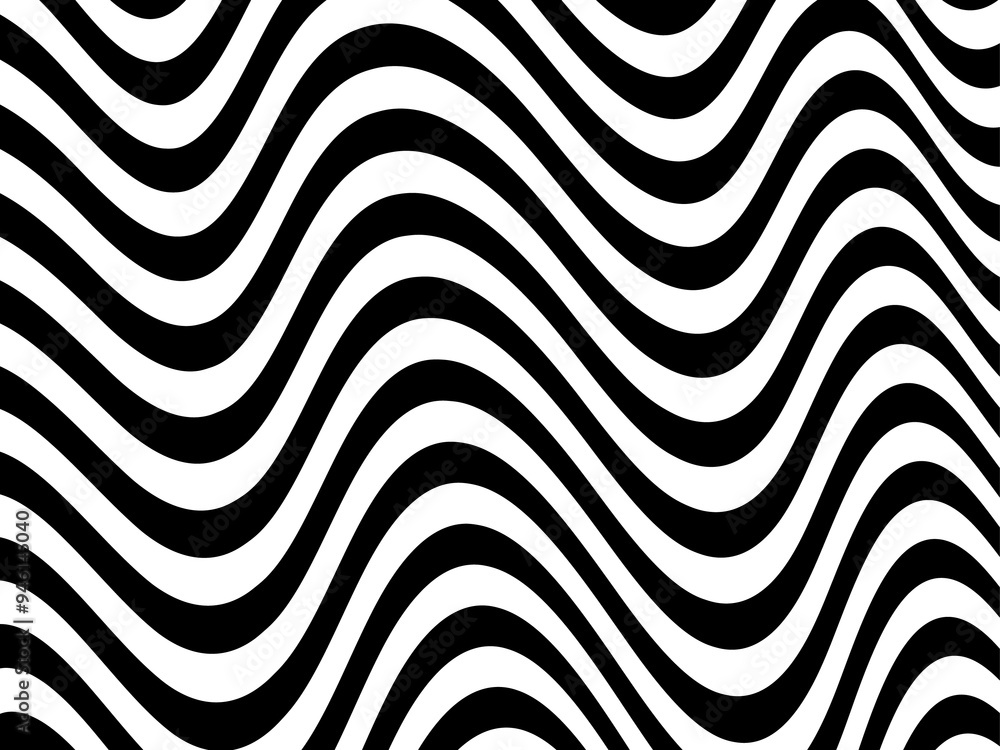 Trippy strip pattern. Horizontal background with black and white curved waves. Abstract optical illusion liquid shape. Ripple texture. Modern aesthetics of Swiss design wallpaper. Bauhaus vector art. Trippy strip pattern. Horizontal background with black and white curved waves. Abstract optical illusion liquid shape. Ripple texture. Modern aesthetics of Swiss design wallpaper. Bauhaus vector art.