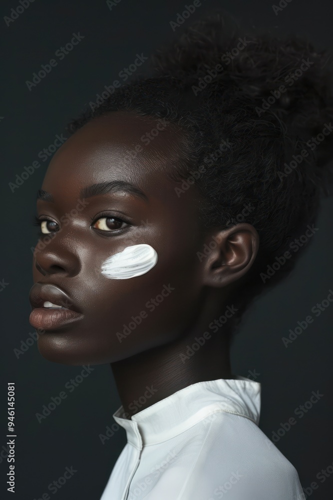 African American woman applies white cream to face in pro beauty studio setting. Dark hair, smiling directly at camera. Neutral gray background allows vibrant presence to focal point. African American woman applies white cream to face in pro beauty studio setting. Dark hair, smiling directly at camera. Neutral gray background allows vibrant presence to focal point.