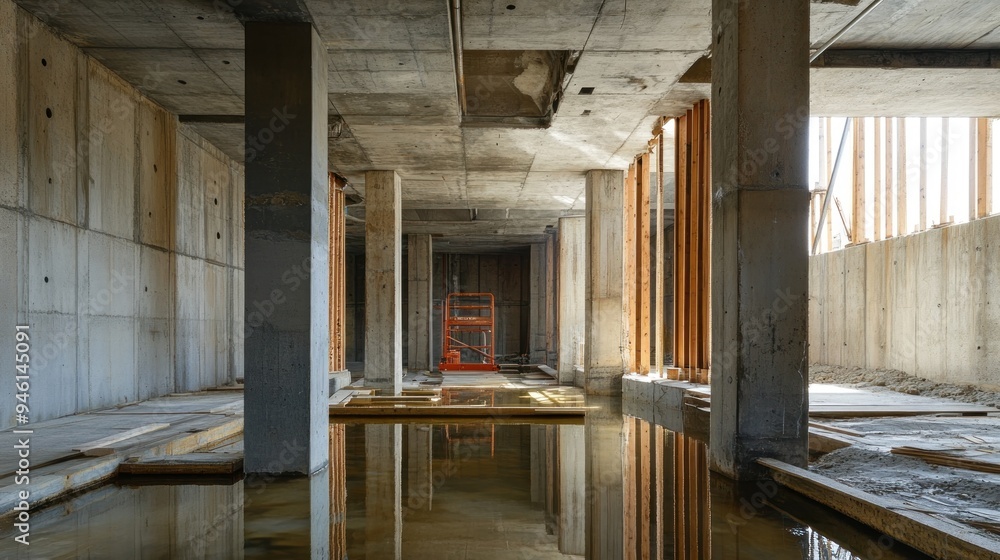 Obraz premium Concrete Columns and Water Reflections in an Under Construction Building
