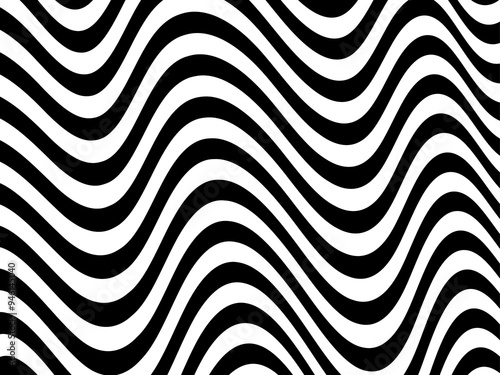 Trippy strip pattern. Horizontal background with black and white curved waves. Abstract optical illusion liquid shape. Ripple texture. Modern aesthetics of Swiss design wallpaper. Bauhaus vector art. 