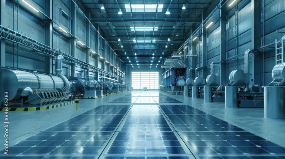 Interior of a renewable energy facility with solar panels and energy storage systems, symbolizing green engineering Interior of a renewable energy facility with solar panels and energy storage systems, symbolizing green engineering