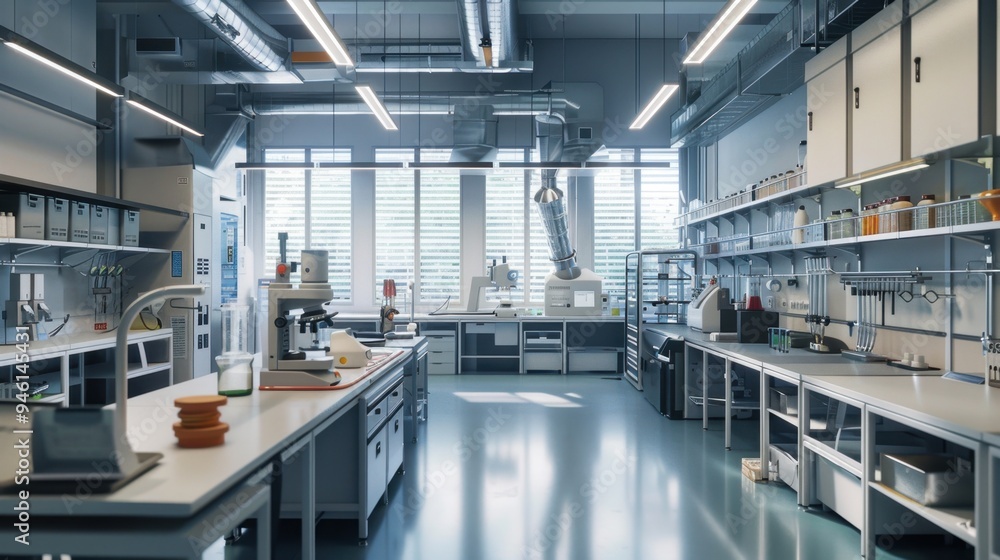 Interior of an engineering research lab with advanced equipment and tools arranged for experimental projects Interior of an engineering research lab with advanced equipment and tools arranged for experimental projects