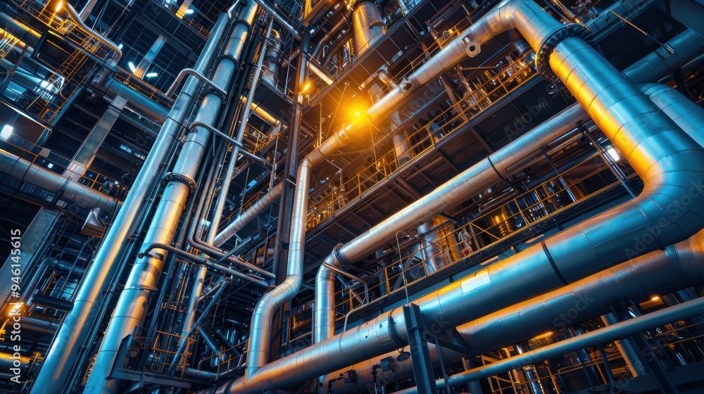 Interior of an oil refinery with complex piping and valves, showcasing the engineering behind petrochemical production Interior of an oil refinery with complex piping and valves, showcasing the engineering behind petrochemical production