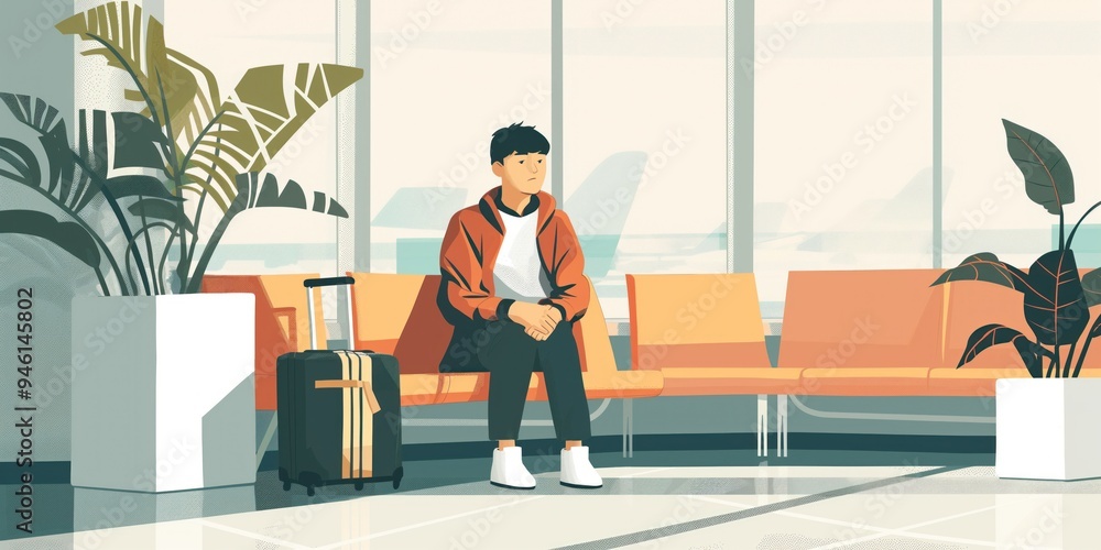Man sits on orange chair in modern airport lounge. Wears white shirt, black pants, legs crossed, with suitcase nearby. Large window lets in natural, adding sense of openness. Two potted plants bring Man sits on orange chair in modern airport lounge. Wears white shirt, black pants, legs crossed, with suitcase nearby. Large window lets in natural, adding sense of openness. Two potted plants bring