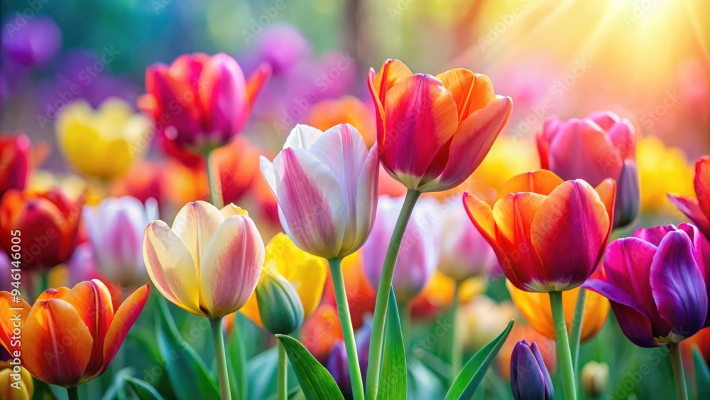 Vibrant tulip flowers in full bloom against a colorful background Vibrant tulip flowers in full bloom against a colorful background