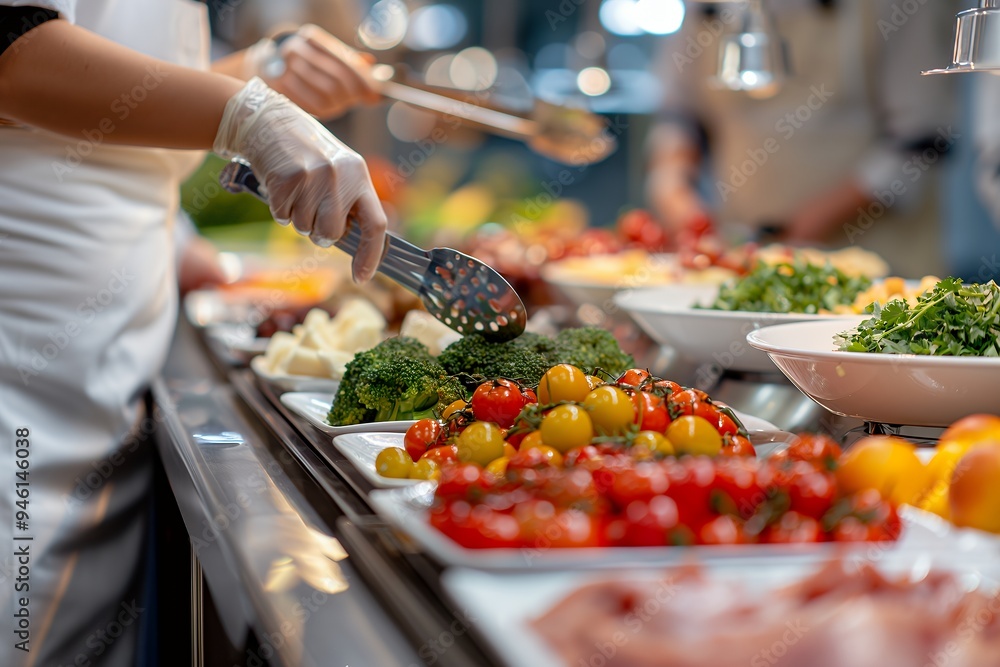 Obraz premium A buffet display featuring fresh vegetables and salads being served.