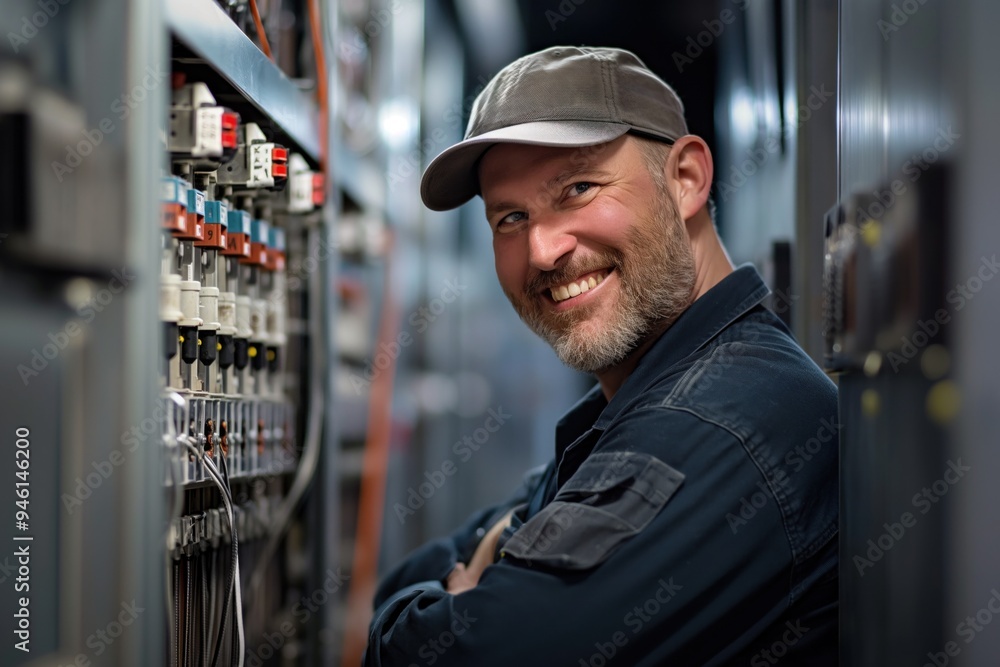 Industrial setting backdrop of electrical panel and machinery showcases confident Caucasian man in blue shirt and gray cap standing with arms crossed, conveying professionalism and expertise. Industrial setting backdrop of electrical panel and machinery showcases confident Caucasian man in blue shirt and gray cap standing with arms crossed, conveying professionalism and expertise.