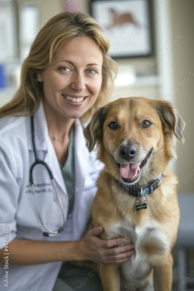 Caucasian veterinarian in white lab coat, stethoscope smiles warmly at camera seated on gray chair. Beside, brown dog with black collar sits attentively, eyes meeting viewer gaze. Backdrop features Caucasian veterinarian in white lab coat, stethoscope smiles warmly at camera seated on gray chair. Beside, brown dog with black collar sits attentively, eyes meeting viewer gaze. Backdrop features
