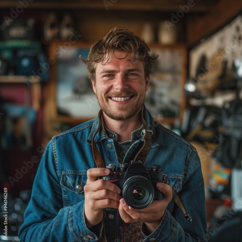 Caucasian photographer stands in a wooden workshop surrounded by tools and equipment. He holds a camera ready to capture the moment, showcasing his expertise in craftsmanship and creativity.