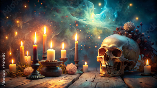 Mystical background with skull and candles.