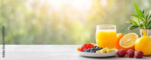 Vibrant morning scene with a table set for breakfast, including vitamins and a variety of fresh fruits, representing vitality