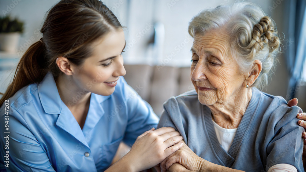 Supportive Nurse Comforting an Elderly Lady with Gentle Touches Supportive Nurse Comforting an Elderly Lady with Gentle Touches