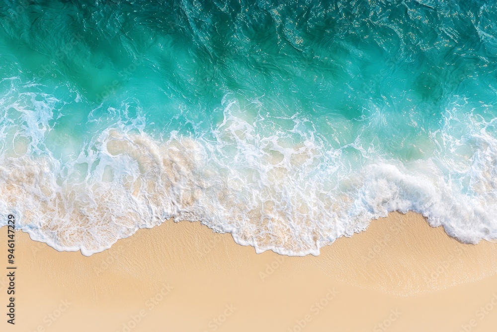 An aerial view of the beach and sea with blue waves on the surface of the water. Beach waves on the beach as a background. Beautiful natural background for a vacation. An aerial view of the beach and sea with blue waves on the surface of the water. Beach waves on the beach as a background. Beautiful natural background for a vacation.