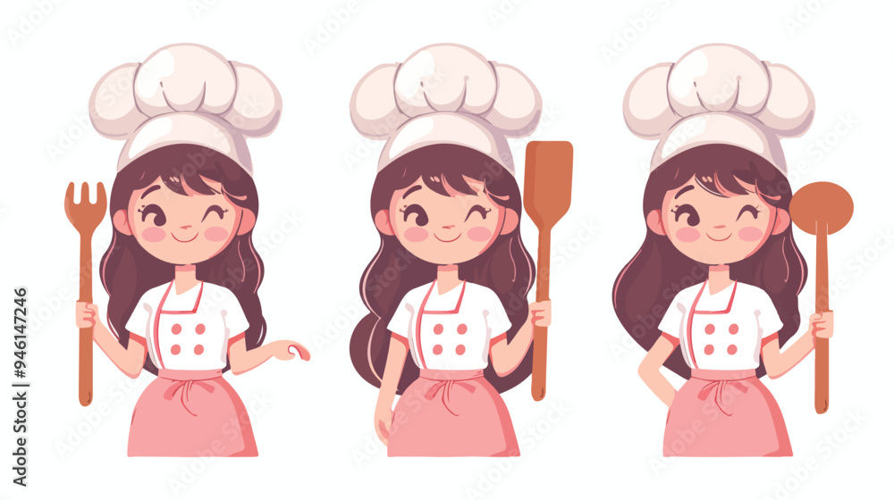 Adorable Young Female Chef Holding Wooden Spoon and Silicone Spatula Adorable Young Female Chef Holding Wooden Spoon and Silicone Spatula