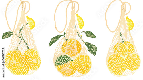 Stylish Macrame Bag with Fresh Lemons on Natural Cotton Net Bag