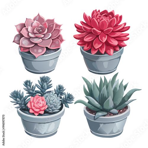 Succulent Plants in Gray Pots Isolated on White Background