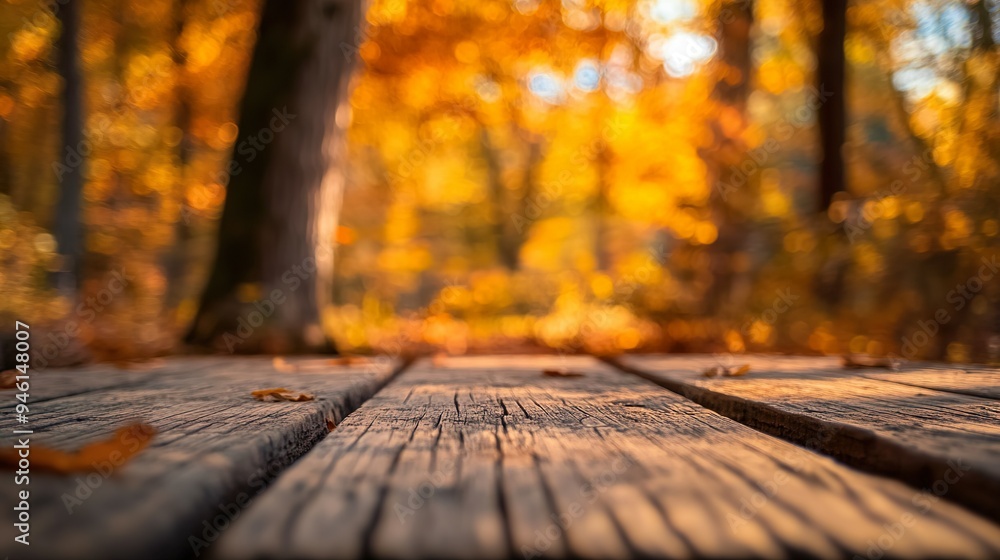 Wooden table with blurred autumn background Wooden table with blurred autumn background