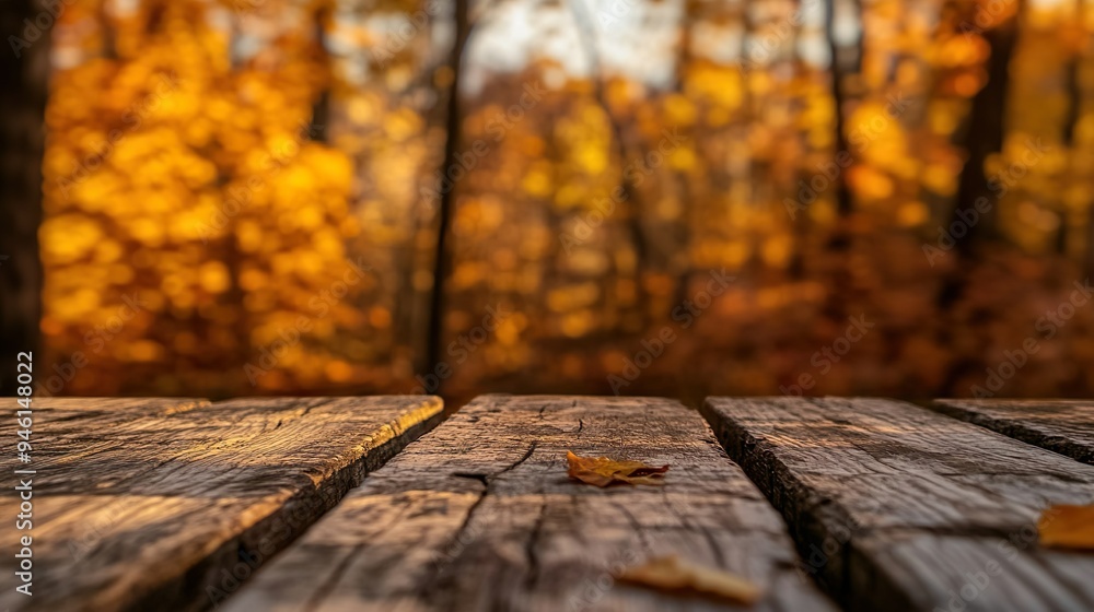 Wooden table with blurred autumn background Wooden table with blurred autumn background