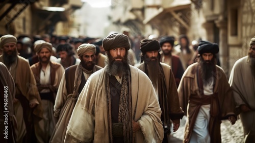 Old men dressed in traditional clothing walk down a street. Jewish community members pray together in Jerusalem. Faithful men discuss scripture in the ancient city.