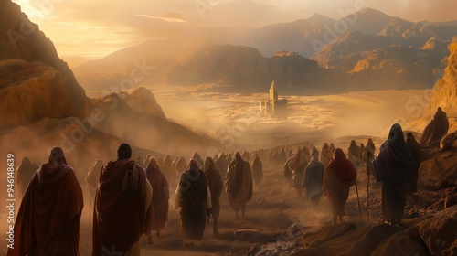 Group of people traverse rocky terrain towards majestic mountains in vast desert landscape. Warm orange and yellow hues paint the sky, contrasting with cool tones below.