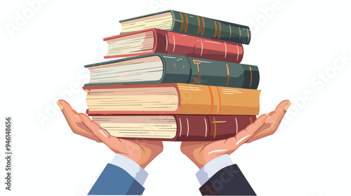 Male Hands Holding Pile of Old Books Flat Vector Isolated Image