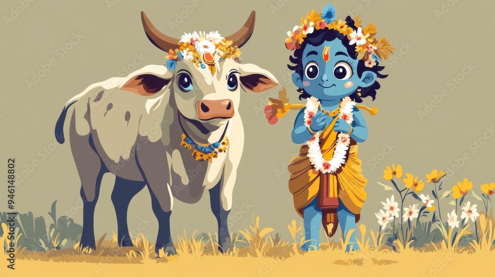 Charming Illustration of Baby Krishna with Sacred Cow, Depicting the Hindu God in Traditional Clothing for Celebrating Indian Festivals Like Janmashtami, Govardhan Puja, and Vasubaras Charming Illustration of Baby Krishna with Sacred Cow, Depicting the Hindu God in Traditional Clothing for Celebrating Indian Festivals Like Janmashtami, Govardhan Puja, and Vasubaras