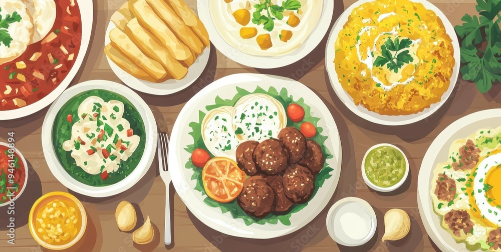 An enticing assortment of Arabic cuisine on display with vibrant flavors and textures, perfect for sharing at a celebration