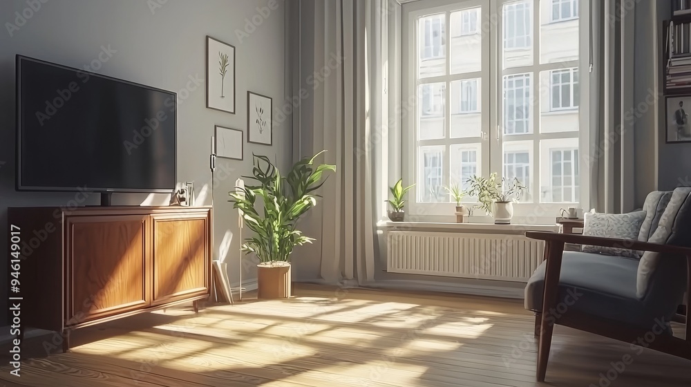 Living room mock-up with lamp, table, flower, and plant. Cabinet for TV. Stocke. Living room mock-up with lamp, table, flower, and plant. Cabinet for TV. Stocke.