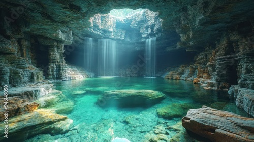 A serene underground cave with waterfalls and clear water.