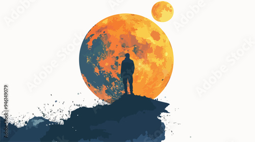 Mystical Man Standing under Full Moon Night Sky
