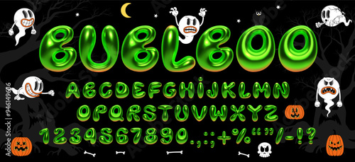 3D Halloween balloon bubble font. Realistic inflated toxic green bold letters, numbers. Creepy vector alphabet with ghostly effect for horror typography, posters, spooky designs with bold lettering