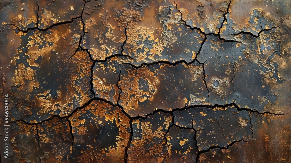Top view of a heavily rusted iron panel with deep cracks and flaking, perfect for a distressed background Top view of a heavily rusted iron panel with deep cracks and flaking, perfect for a distressed background