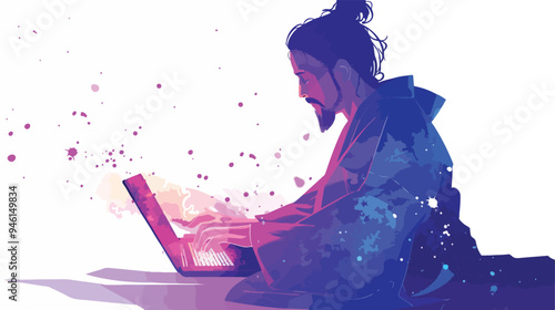 Elegant Man in Kimono Using Glowing Laptop - Mixed Media Concept