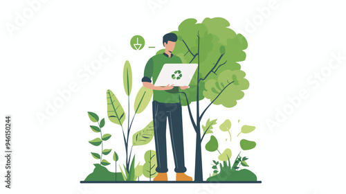 Professional Man Presenting Green Concept on Tablet: Flat Vector Illustration