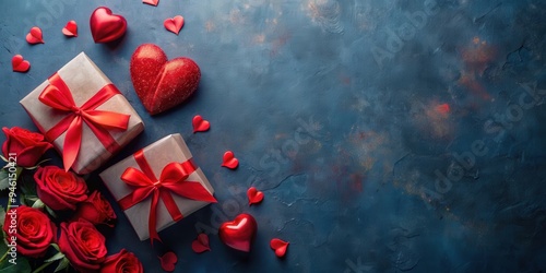 Valentine's Day background with red hearts, gift boxes, and rose flowers on dark blue background, top view with copy space