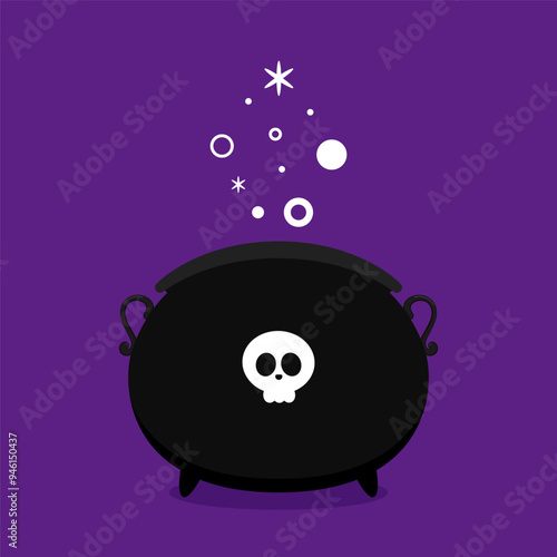 Witch cauldron, Halloween magic pot with green potion. Vector steel boiler with boiling magic brew or steaming goo. Cartoon kettle with poison.