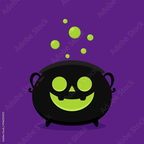 Pumpkin face on kettle. Witch cauldron, Halloween magic pot with green potion. Vector steel boiler with boiling magic brew or steaming goo. Cartoon kettle with poison.
