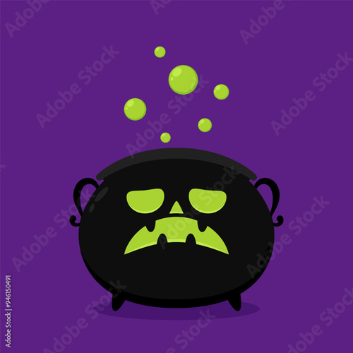 Pumpkin face on kettle. Witch cauldron, Halloween magic pot with green potion. Vector steel boiler with boiling magic brew or steaming goo. Cartoon kettle with poison.