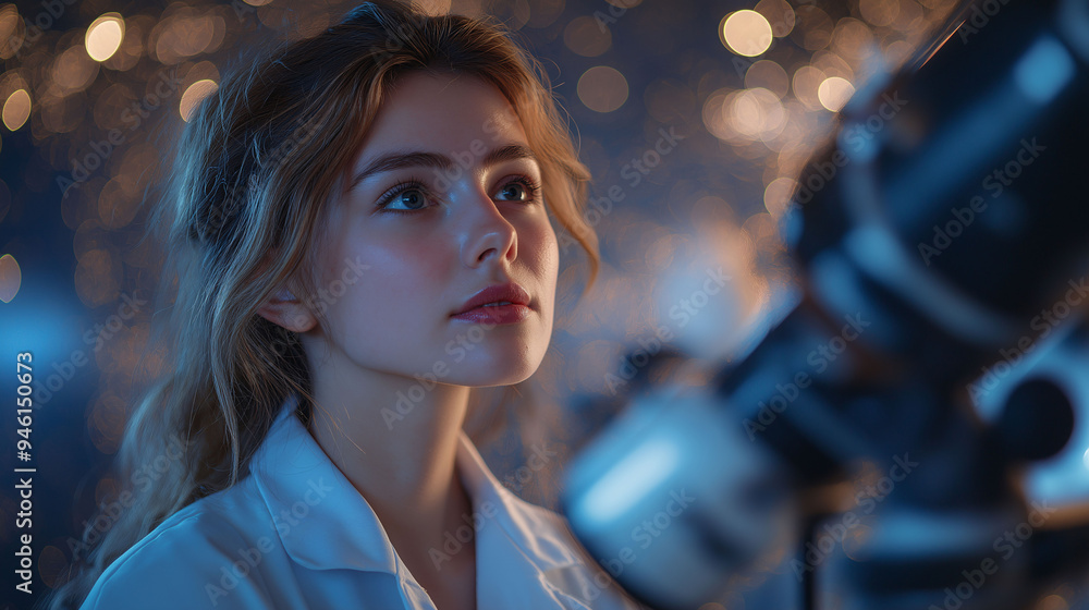 A young female scientist in a lab coat, standing confidently beside a telescope, with a starry night sky in the background, celebrating World Space Week A young female scientist in a lab coat, standing confidently beside a telescope, with a starry night sky in the background, celebrating World Space Week