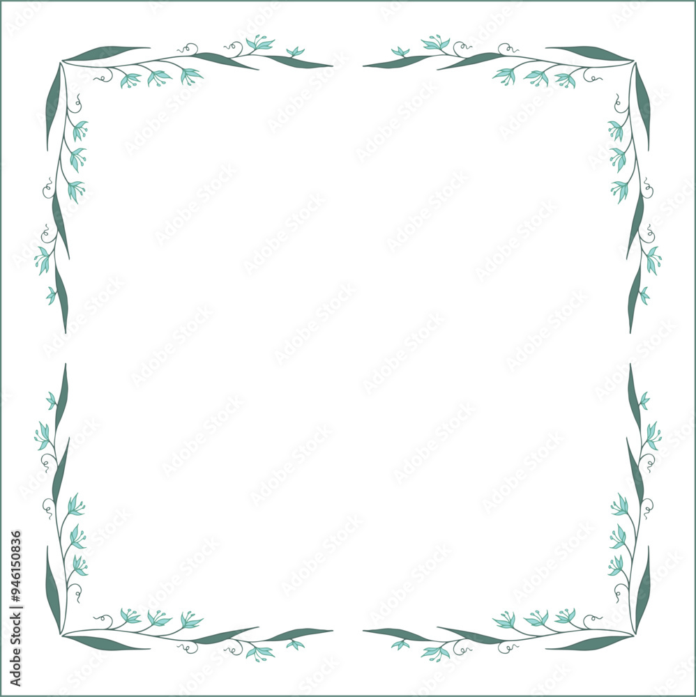Green vegetal floral frame with leaves and blue flowers, decorative corners for greeting cards, banners, business cards, invitations, menus. Isolated vector illustration.
Green vegetal floral frame with leaves and blue flowers, decorative corners for greeting cards, banners, business cards, invitations, menus. Isolated vector illustration.