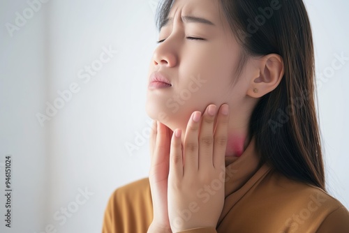 Young Asian woman touches sore throat, possibly thyroid gland, on her neck. Discomfort, pain, and disease symptoms are evident on her face. Medical background wall reflects health care concerns.