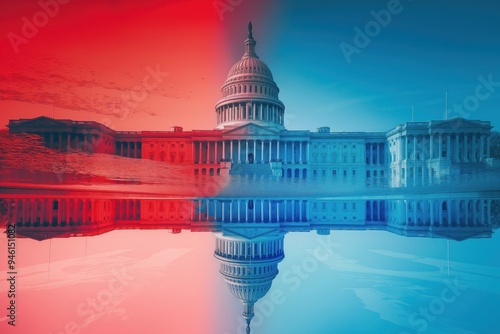 U. S. Capitol building reflected in calm water body. Red and blue hues create balance and contrast symbolizing politics. Iconic government architecture reflects democracy.