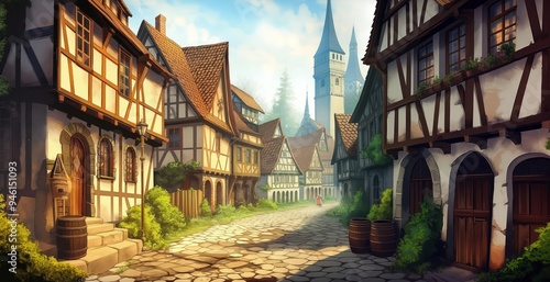 German medieval village with half-timbered houses and cobblestone streets in warm light. Traditional architecture of old town with historic charm, nestled in the heart of Europa.