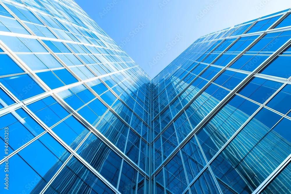Stock image of a reflective skyscraper business office building. A panoramic view of a modern city urban landscape at the bottom. Stock image of a reflective skyscraper business office building. A panoramic view of a modern city urban landscape at the bottom.